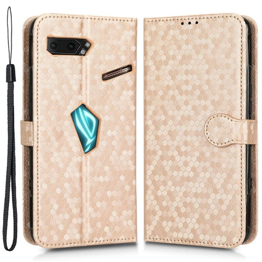 For Asus ROG Phone II ZS660KL PU Leather Flip Phone Cover Dot Pattern Imprinted Wallet Horizontal Stand Magnetic Phone Case with Strap - Rose Gold