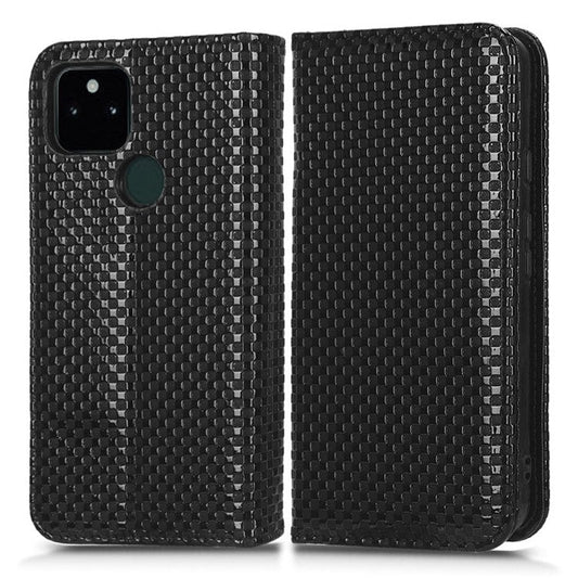 For Google Pixel 5a 5G Grid Texture Magnetic Auto-absorbed Phone Case PU Leather Wallet Stand Folio Flip Cover - Black