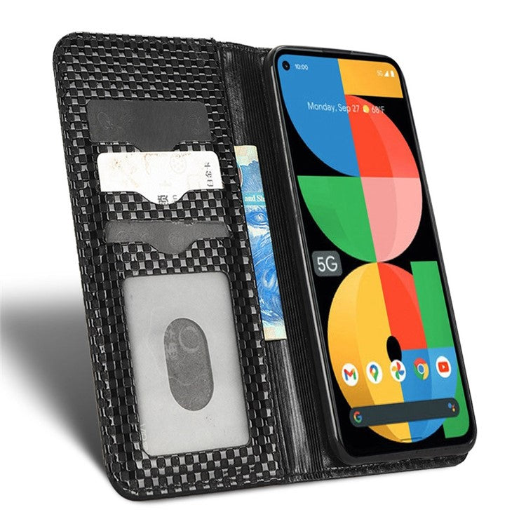 For Google Pixel 5a 5G Grid Texture Magnetic Auto-absorbed Phone Case PU Leather Wallet Stand Folio Flip Cover - Black