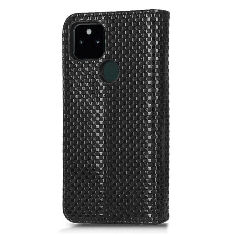 For Google Pixel 5a 5G Grid Texture Magnetic Auto-absorbed Phone Case PU Leather Wallet Stand Folio Flip Cover - Black
