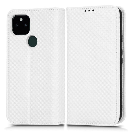 For Google Pixel 5a 5G Grid Texture Magnetic Auto-absorbed Phone Case PU Leather Wallet Stand Folio Flip Cover - White