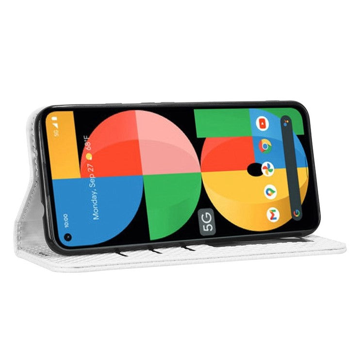 For Google Pixel 5a 5G Grid Texture Magnetic Auto-absorbed Phone Case PU Leather Wallet Stand Folio Flip Cover - White