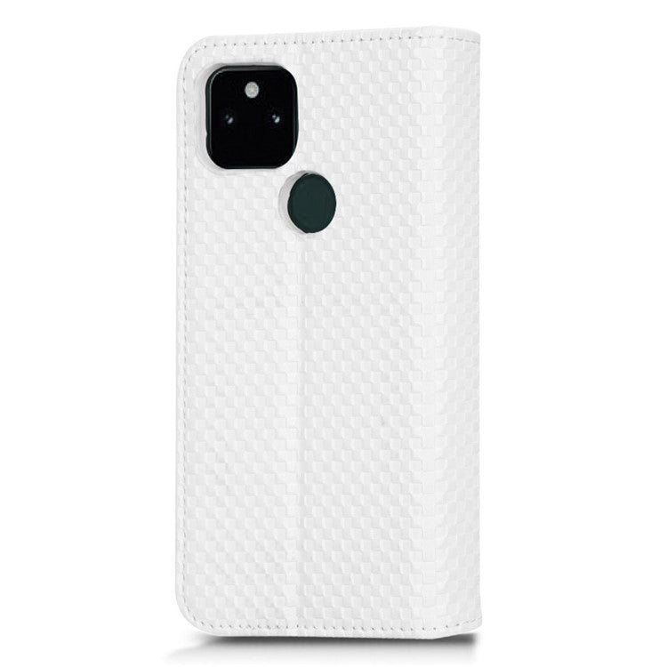 For Google Pixel 5a 5G Grid Texture Magnetic Auto-absorbed Phone Case PU Leather Wallet Stand Folio Flip Cover - White