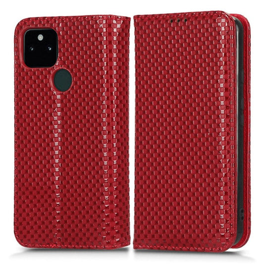 For Google Pixel 5a 5G Grid Texture Magnetic Auto-absorbed Phone Case PU Leather Wallet Stand Folio Flip Cover - Wine Red