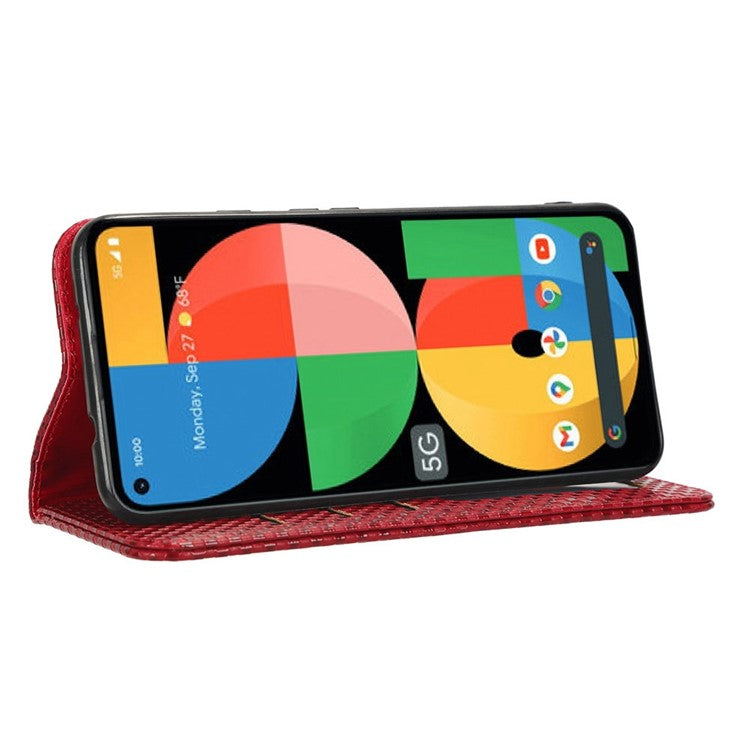 For Google Pixel 5a 5G Grid Texture Magnetic Auto-absorbed Phone Case PU Leather Wallet Stand Folio Flip Cover - Wine Red