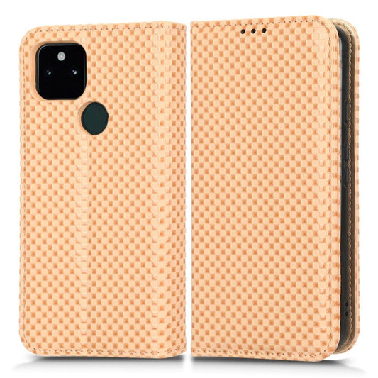 For Google Pixel 5a 5G Grid Texture Magnetic Auto-absorbed Phone Case PU Leather Wallet Stand Folio Flip Cover - Beige