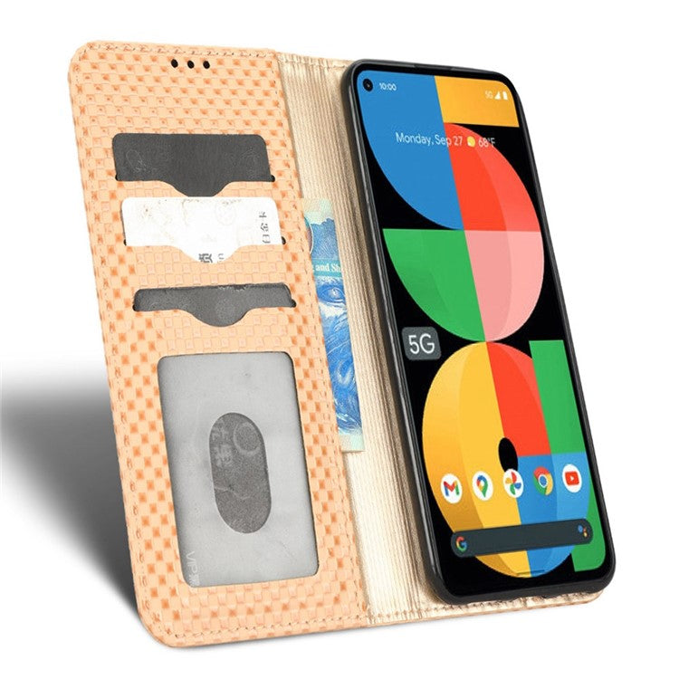 For Google Pixel 5a 5G Grid Texture Magnetic Auto-absorbed Phone Case PU Leather Wallet Stand Folio Flip Cover - Beige
