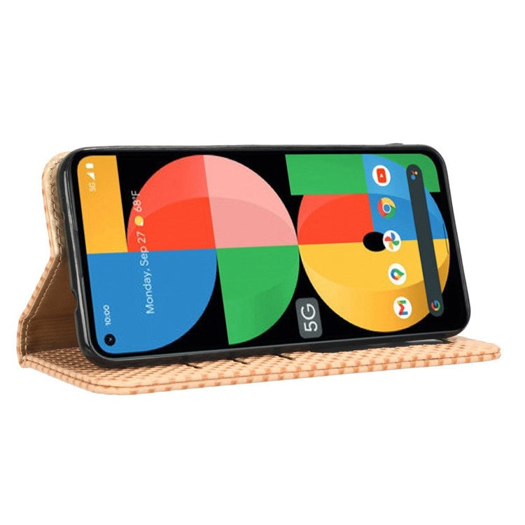 For Google Pixel 5a 5G Grid Texture Magnetic Auto-absorbed Phone Case PU Leather Wallet Stand Folio Flip Cover - Beige