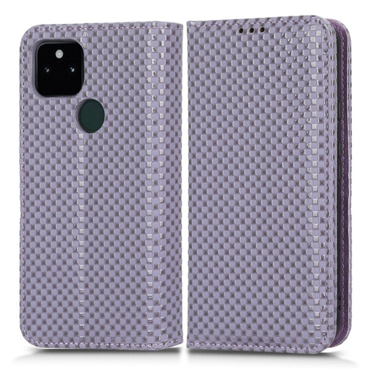 For Google Pixel 5a 5G Grid Texture Magnetic Auto-absorbed Phone Case PU Leather Wallet Stand Folio Flip Cover - Light Purple