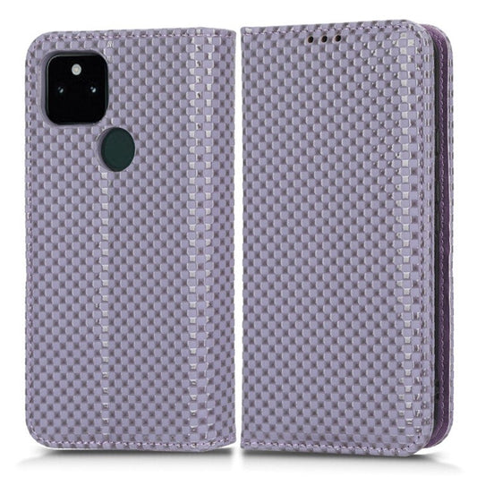 For Google Pixel 5a 5G Grid Texture Magnetic Auto-absorbed Phone Case PU Leather Wallet Stand Folio Flip Cover - Light Purple