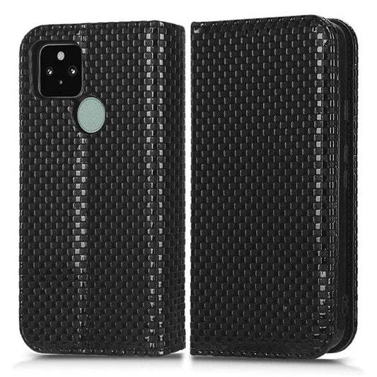 For Google Pixel 5 Grid Texture Shockproof Phone Cover PU Leather Magnetic Auto  Phone Closing Case with Wallet Stand - Black