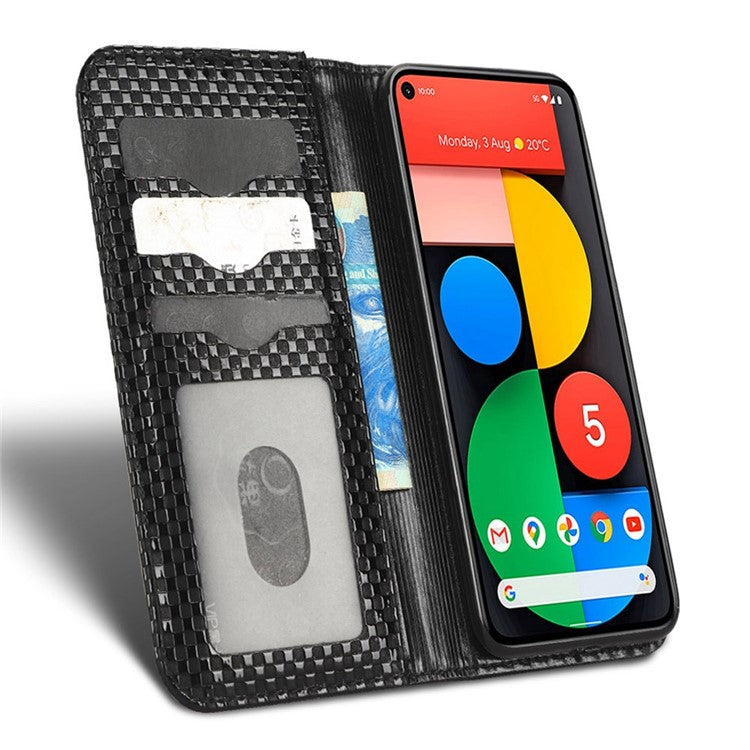 For Google Pixel 5 Grid Texture Shockproof Phone Cover PU Leather Magnetic Auto  Phone Closing Case with Wallet Stand - Black