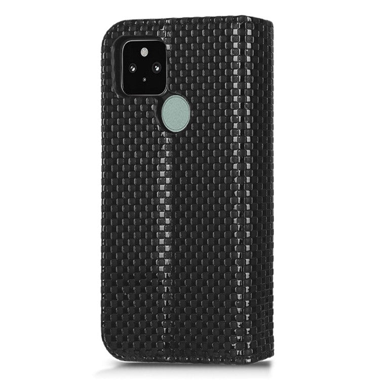For Google Pixel 5 Grid Texture Shockproof Phone Cover PU Leather Magnetic Auto  Phone Closing Case with Wallet Stand - Black