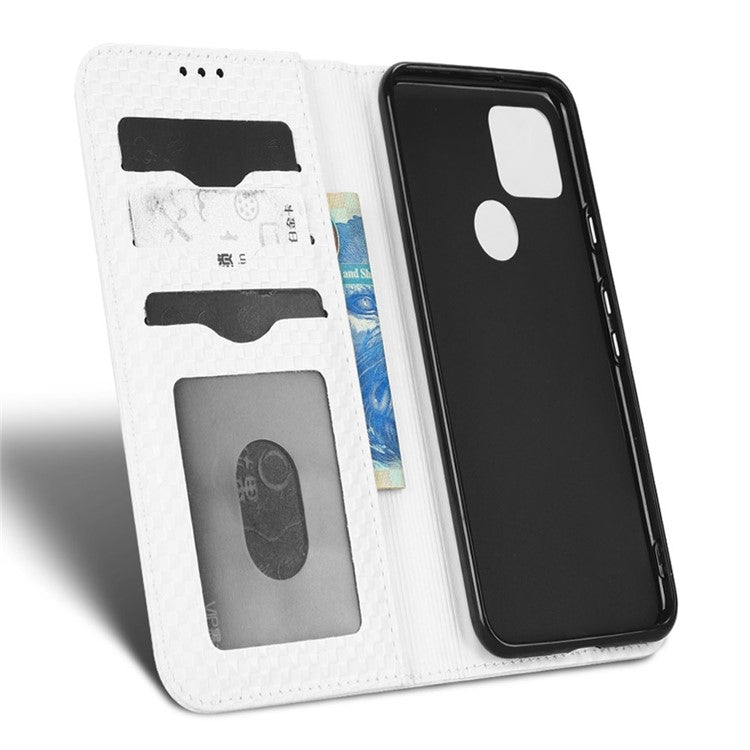 For Google Pixel 5 Grid Texture Shockproof Phone Cover PU Leather Magnetic Auto  Phone Closing Case with Wallet Stand - White