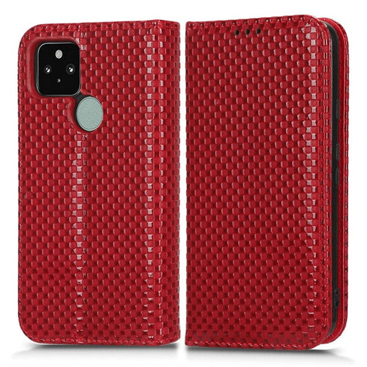 For Google Pixel 5 Grid Texture Shockproof Phone Cover PU Leather Magnetic Auto  Phone Closing Case with Wallet Stand - Wine Red
