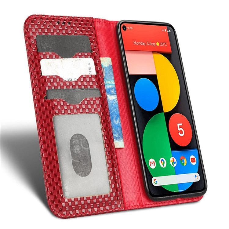For Google Pixel 5 Grid Texture Shockproof Phone Cover PU Leather Magnetic Auto  Phone Closing Case with Wallet Stand - Wine Red
