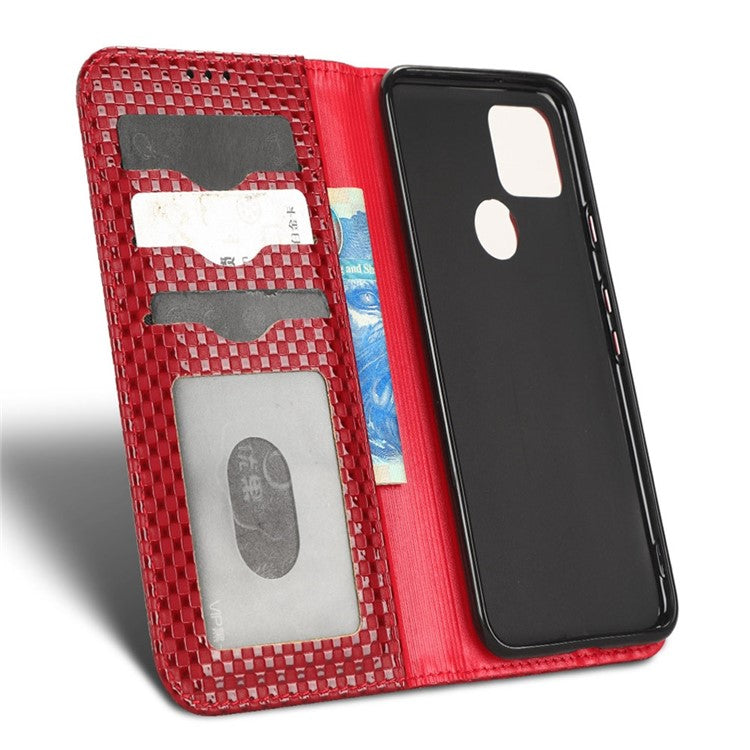 For Google Pixel 5 Grid Texture Shockproof Phone Cover PU Leather Magnetic Auto  Phone Closing Case with Wallet Stand - Wine Red