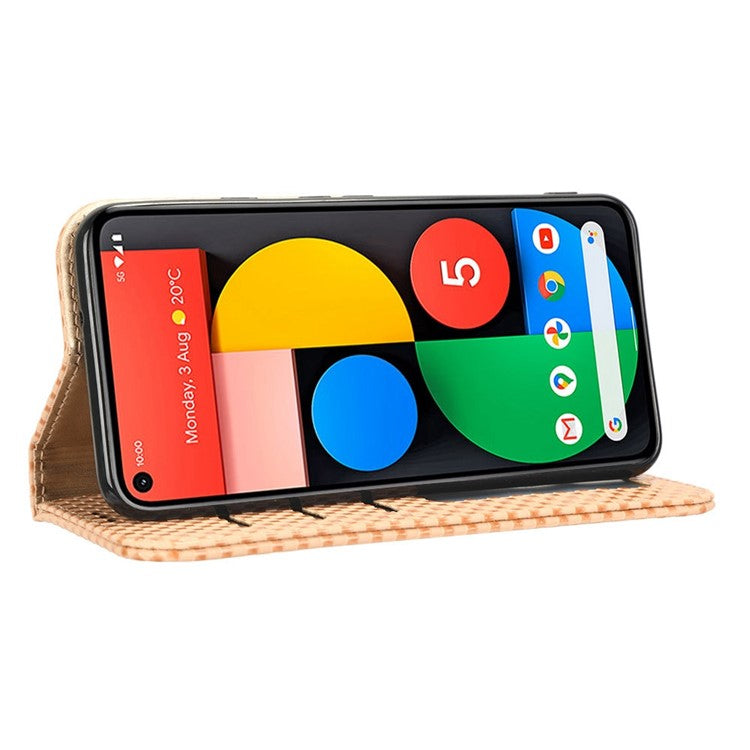For Google Pixel 5 Grid Texture Shockproof Phone Cover PU Leather Magnetic Auto  Phone Closing Case with Wallet Stand - Beige