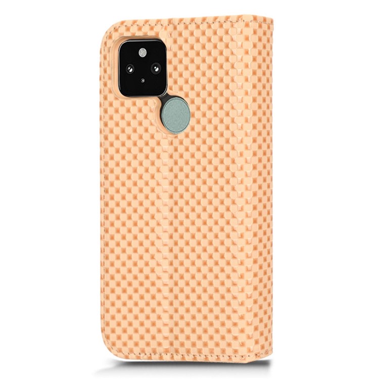 For Google Pixel 5 Grid Texture Shockproof Phone Cover PU Leather Magnetic Auto  Phone Closing Case with Wallet Stand - Beige