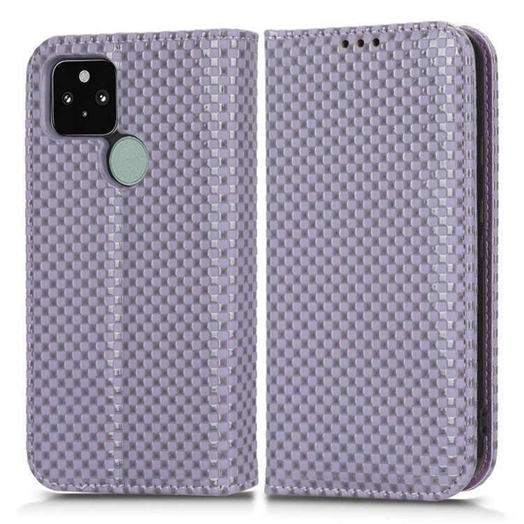 For Google Pixel 5 Grid Texture Shockproof Phone Cover PU Leather Magnetic Auto  Phone Closing Case with Wallet Stand - Light Purple