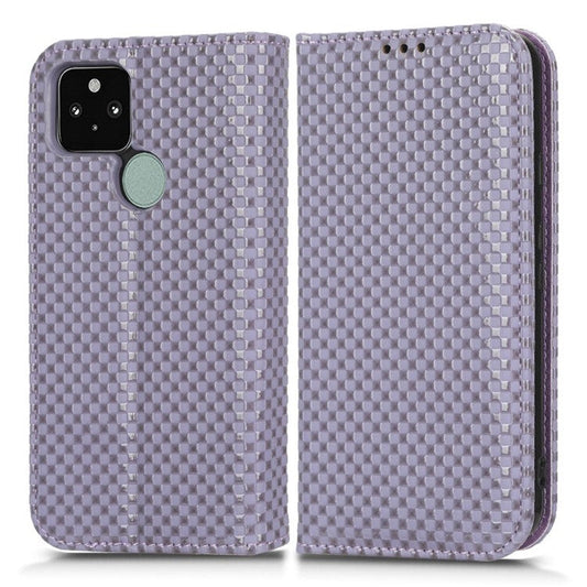 For Google Pixel 5 Grid Texture Shockproof Phone Cover PU Leather Magnetic Auto  Phone Closing Case with Wallet Stand - Light Purple