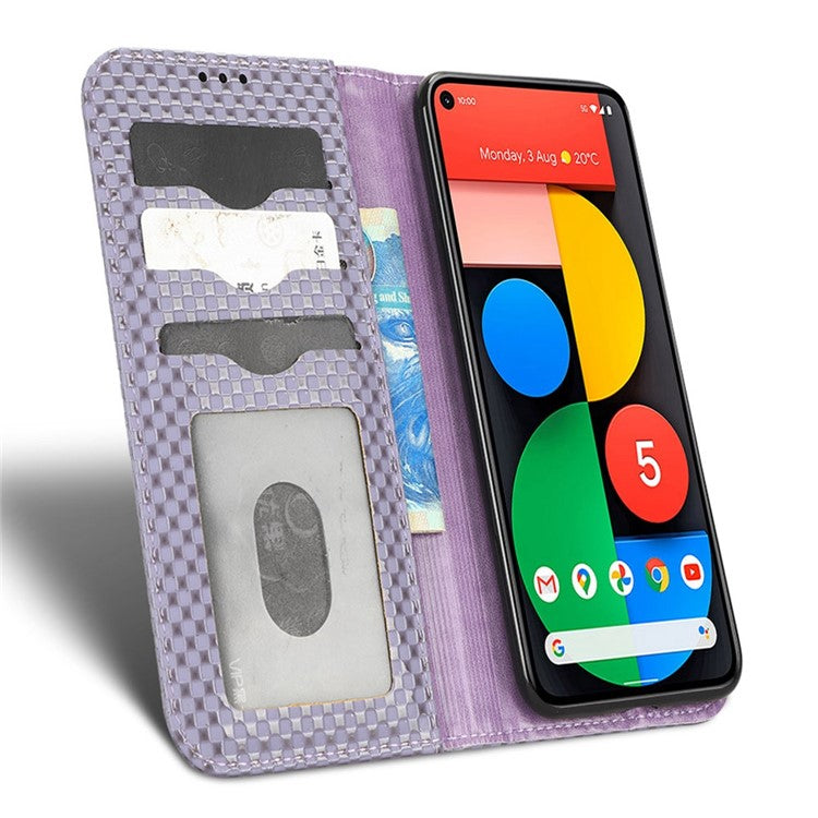 For Google Pixel 5 Grid Texture Shockproof Phone Cover PU Leather Magnetic Auto  Phone Closing Case with Wallet Stand - Light Purple
