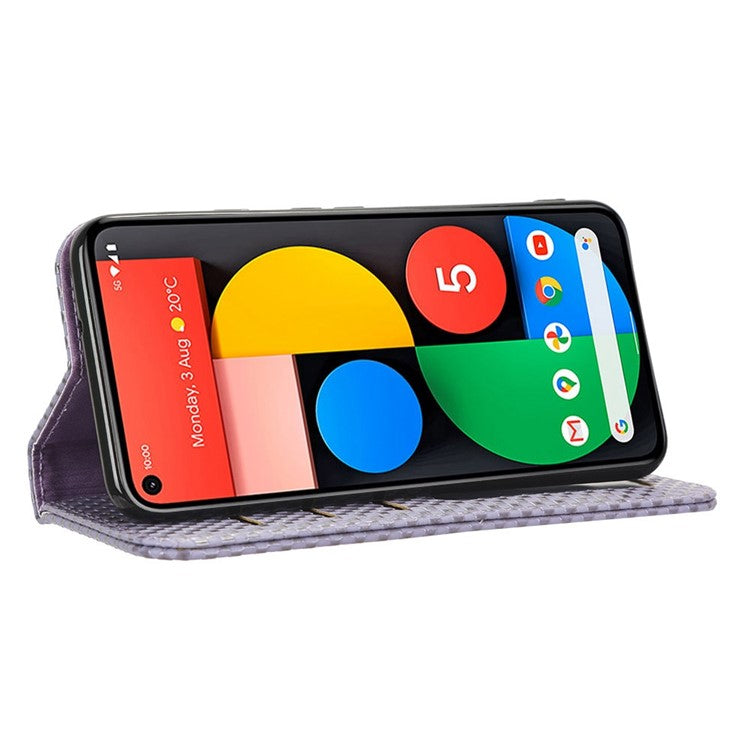 For Google Pixel 5 Grid Texture Shockproof Phone Cover PU Leather Magnetic Auto  Phone Closing Case with Wallet Stand - Light Purple