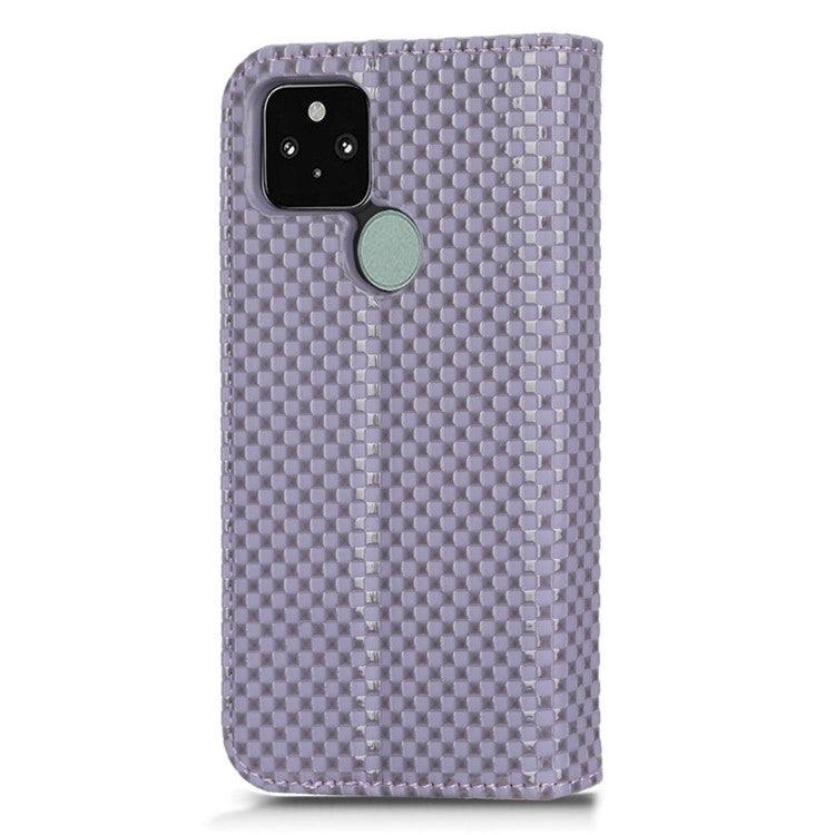 For Google Pixel 5 Grid Texture Shockproof Phone Cover PU Leather Magnetic Auto  Phone Closing Case with Wallet Stand - Light Purple