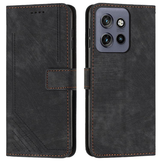 For Motorola Edge 50 Neo 5G / Moto S50 5G / Thinkphone 25 5G Case Imprinted Lines Leather Phone Cover Folding Stand - Black