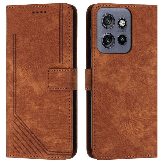 For Motorola Edge 50 Neo 5G / Moto S50 5G / Thinkphone 25 5G Case Imprinted Lines Leather Phone Cover Folding Stand - Brown