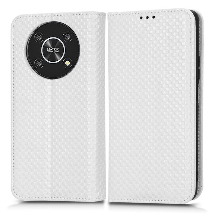 For Honor X9 5G / X30 5G / Magic4 Lite 5G Wallet Stand Grid Texture Phone Case PU Leather Magnetic Auto-absorbed Anti-drop Cover - White