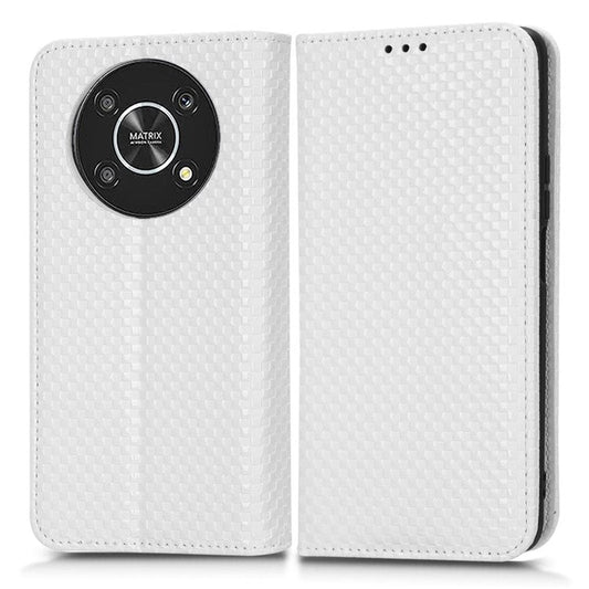 For Honor X9 5G / X30 5G / Magic4 Lite 5G Wallet Stand Grid Texture Phone Case PU Leather Magnetic Auto-absorbed Anti-drop Cover - White