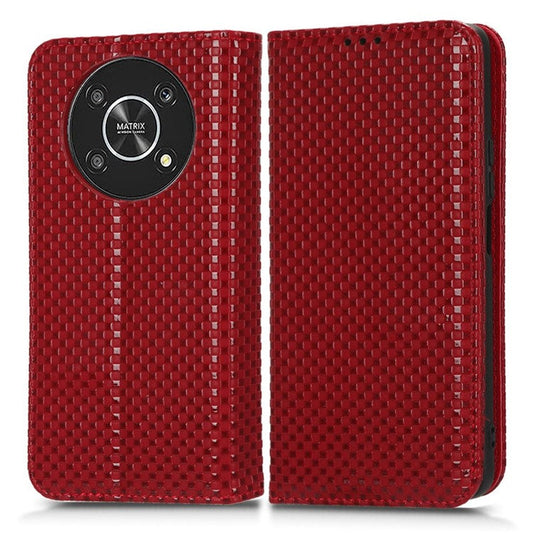 For Honor X9 5G / X30 5G / Magic4 Lite 5G Wallet Stand Grid Texture Phone Case PU Leather Magnetic Auto-absorbed Anti-drop Cover - Wine Red