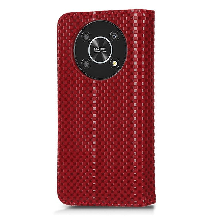 For Honor X9 5G / X30 5G / Magic4 Lite 5G Wallet Stand Grid Texture Phone Case PU Leather Magnetic Auto-absorbed Anti-drop Cover - Wine Red