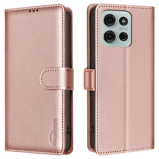 BINFEN COLOR BF32 For Motorola Moto G75 5G Leather Case Wallet RFID Blocking Phone Cover - Rose Gold