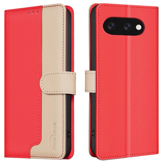BINFEN COLOR BF33 for Google Pixel 9a Leather Case Splicing Color RFID Blocking - Red