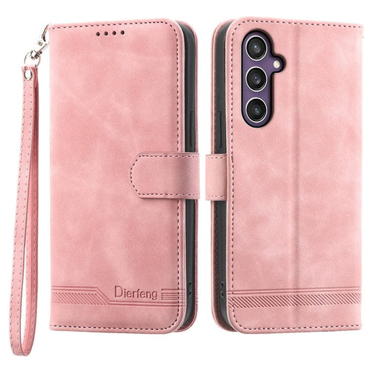 DIERFENG DF-03 For Samsung Galaxy S25 Leather Case Lines Imprint Wallet Phone Cover - Pink