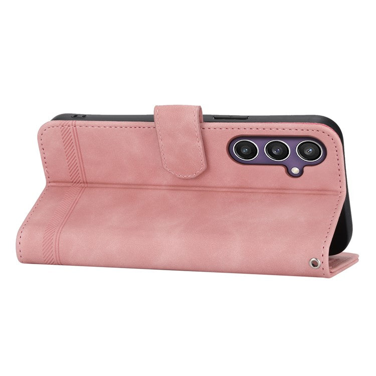 DIERFENG DF-03 For Samsung Galaxy S25 Leather Case Lines Imprint Wallet Phone Cover - Pink