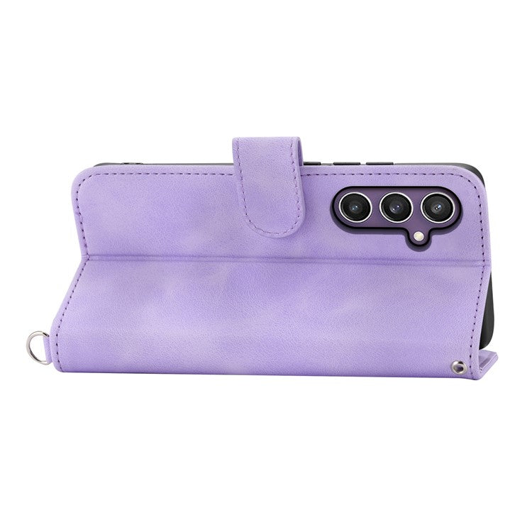 For Samsung Galaxy S25 Case Flower Pattern PU Leather Wallet Phone Cover with Strap - Light Purple