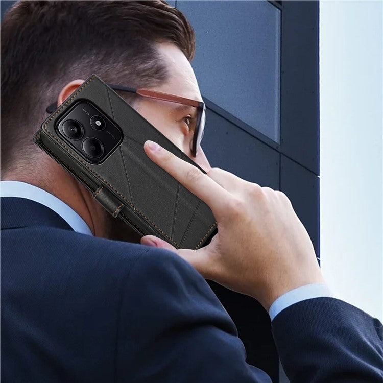 DF-06 For Xiaomi Redmi Note 14 5G / 14 4G Phone Case Line Imprint Leather Wallet Cover - Black