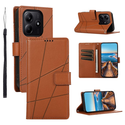 DF-06 For Xiaomi Redmi Note 14 5G / 14 4G Phone Case Line Imprint Leather Wallet Cover - Brown