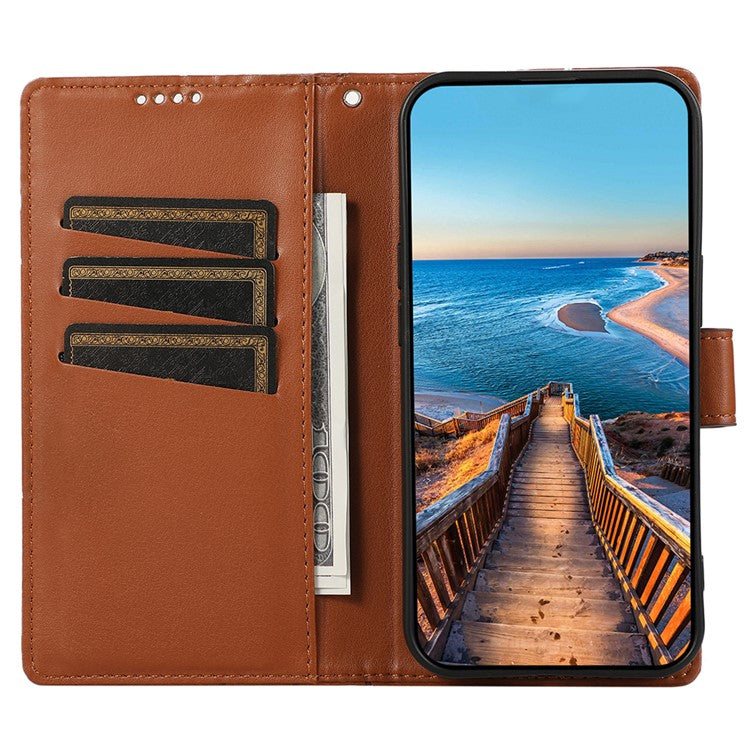 DF-06 For Xiaomi Redmi Note 14 5G / 14 4G Phone Case Line Imprint Leather Wallet Cover - Brown
