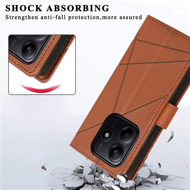 DF-06 For Xiaomi Redmi Note 14 5G / 14 4G Phone Case Line Imprint Leather Wallet Cover - Brown