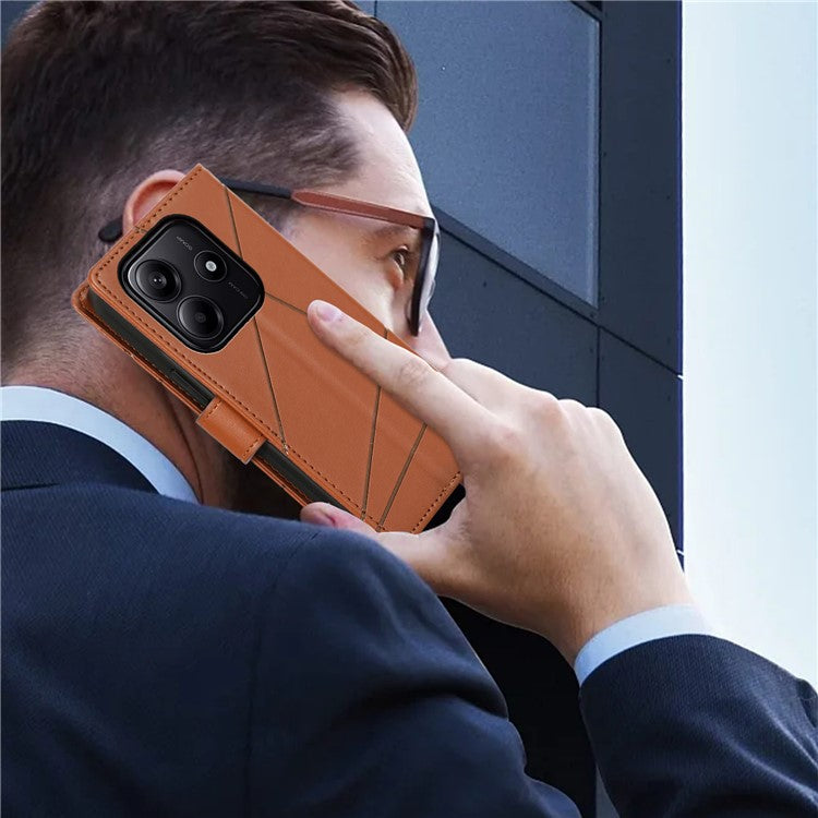 DF-06 For Xiaomi Redmi Note 14 5G / 14 4G Phone Case Line Imprint Leather Wallet Cover - Brown