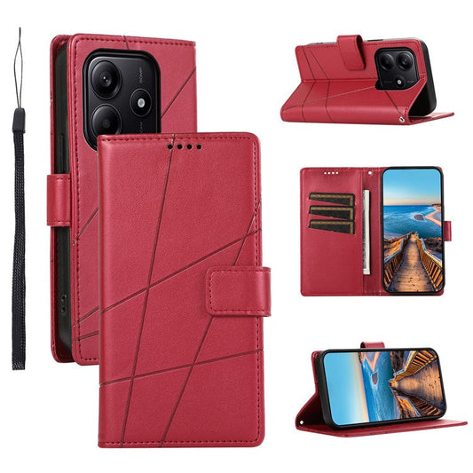 DF-06 For Xiaomi Redmi Note 14 5G / 14 4G Phone Case Line Imprint Leather Wallet Cover - Red