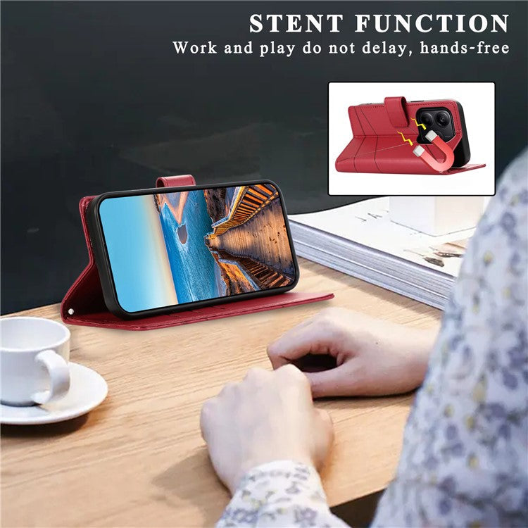 DF-06 For Xiaomi Redmi Note 14 5G / 14 4G Phone Case Line Imprint Leather Wallet Cover - Red