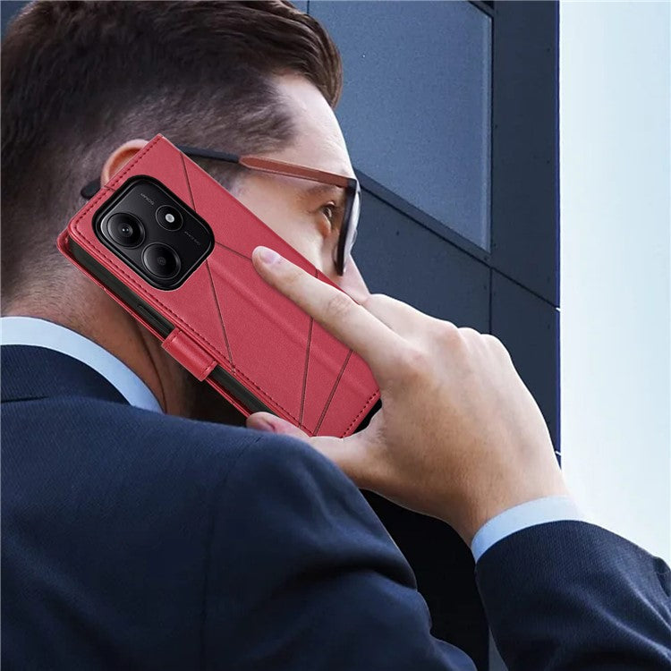 DF-06 For Xiaomi Redmi Note 14 5G / 14 4G Phone Case Line Imprint Leather Wallet Cover - Red