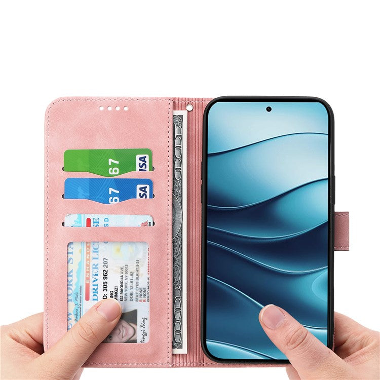 DIERFENG DF-03 For Xiaomi Redmi Note 14 5G / 14 4G Leather Case Lines Imprint Wallet Phone Cover - Pink