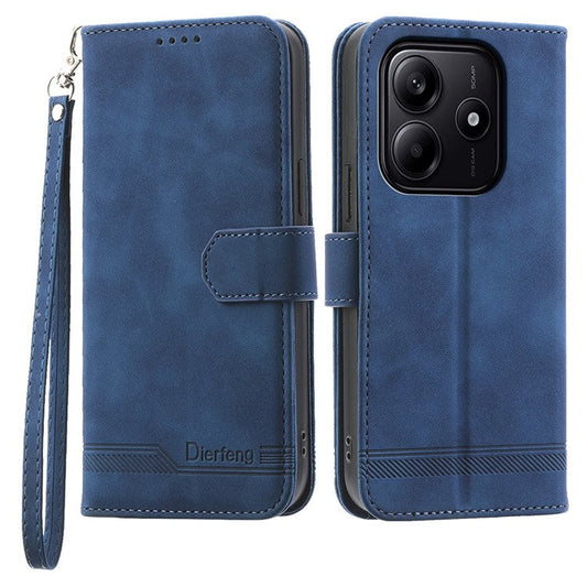 DIERFENG DF-03 For Xiaomi Redmi Note 14 5G / 14 4G Leather Case Lines Imprint Wallet Phone Cover - Blue