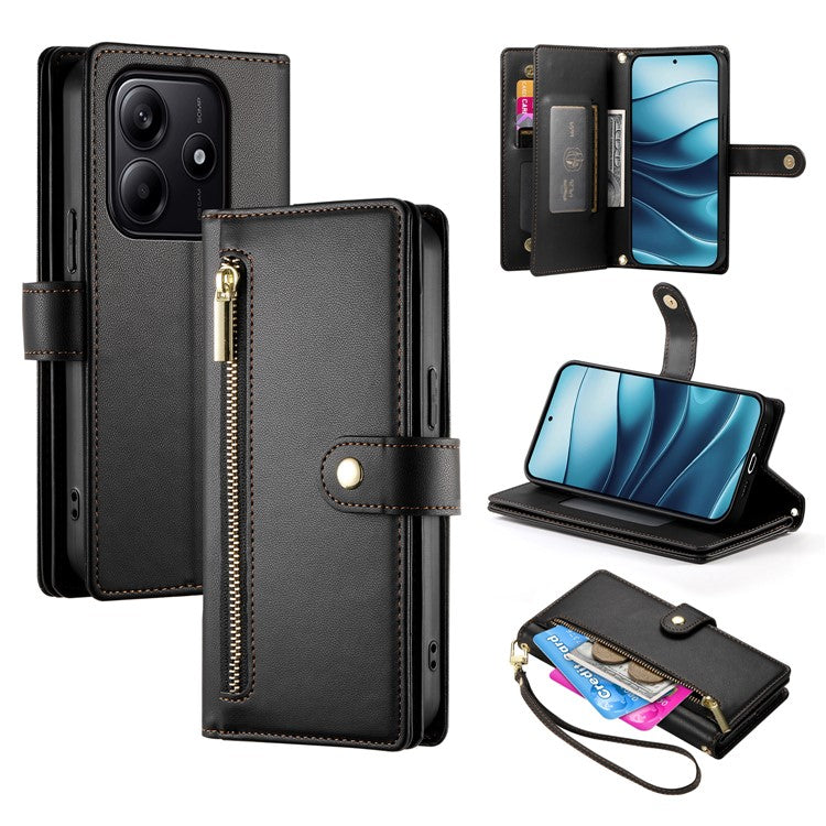 DF-011 For Xiaomi Redmi Note 14 5G / 14 4G Case Zipper Pocket Wallet Leather Phone Cover with Straps - Black